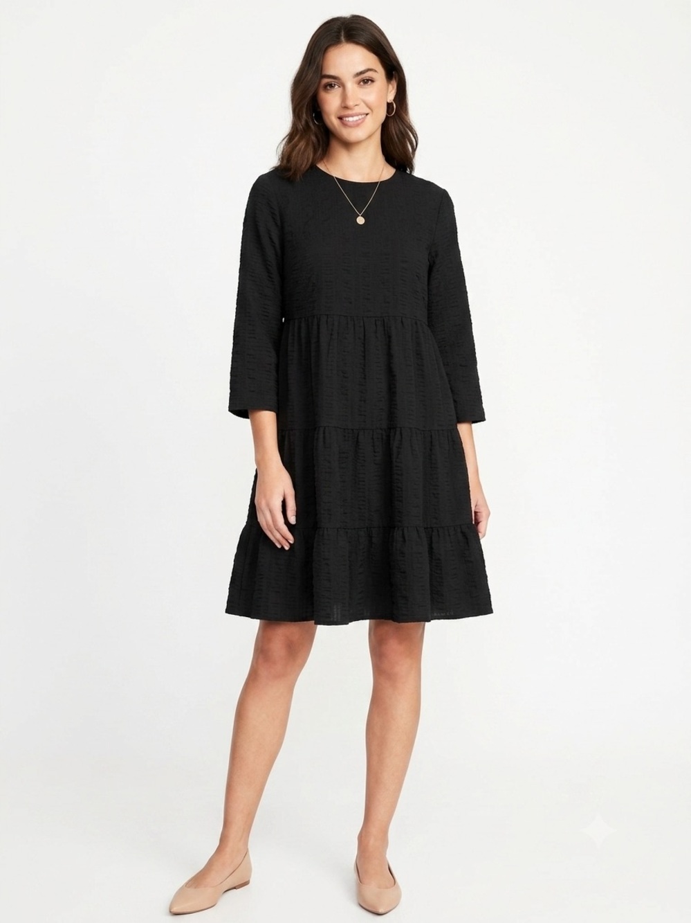 Zara The Sharon Classic Black Tiered Mini Dress with Three-Quarter Sleeves